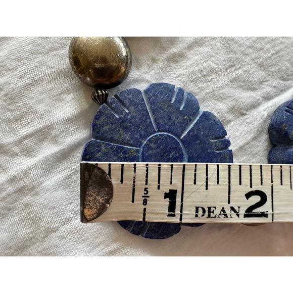 Vintage Heavy Natural Lapis Lazuli Flowers Carved Necklace Statement Piece 19" - Picture 8 of 11